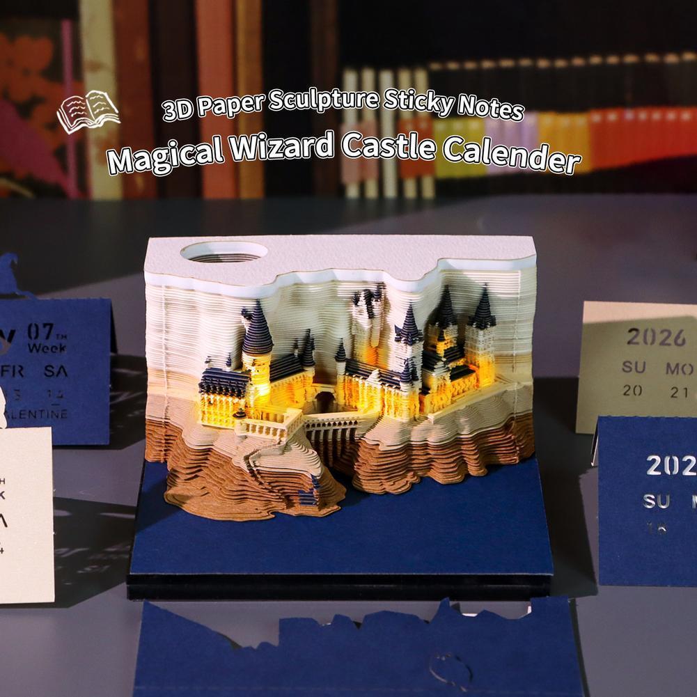 Sticky Memo Holder - Mystischer 3D-Tischkalender, Pop-Up-Schloss, Monatsplaner 2025, Jahres-Organizer,