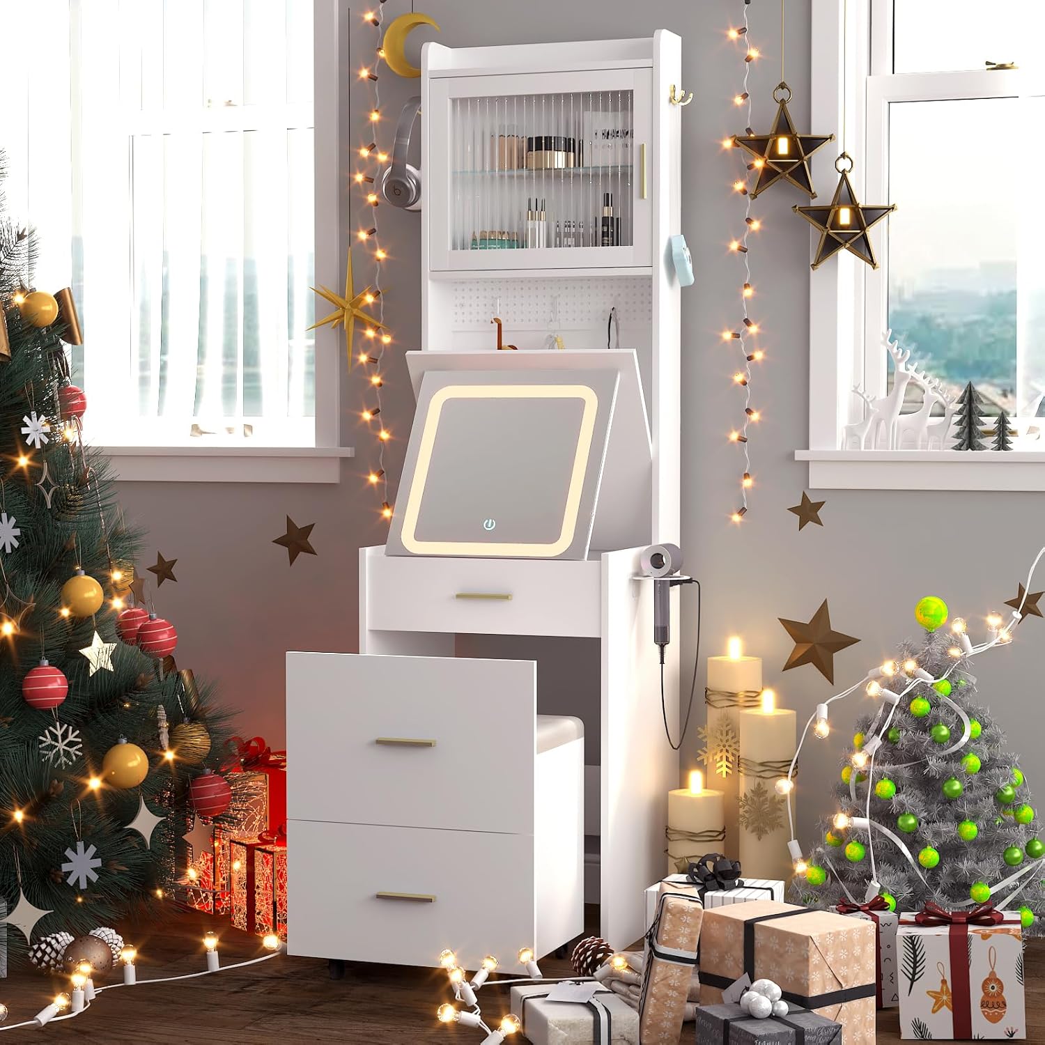 Desk Setup Small - 3-in-1-Schminktisch mit aufklappbarem, beleuchtetem Spiegel, kleines