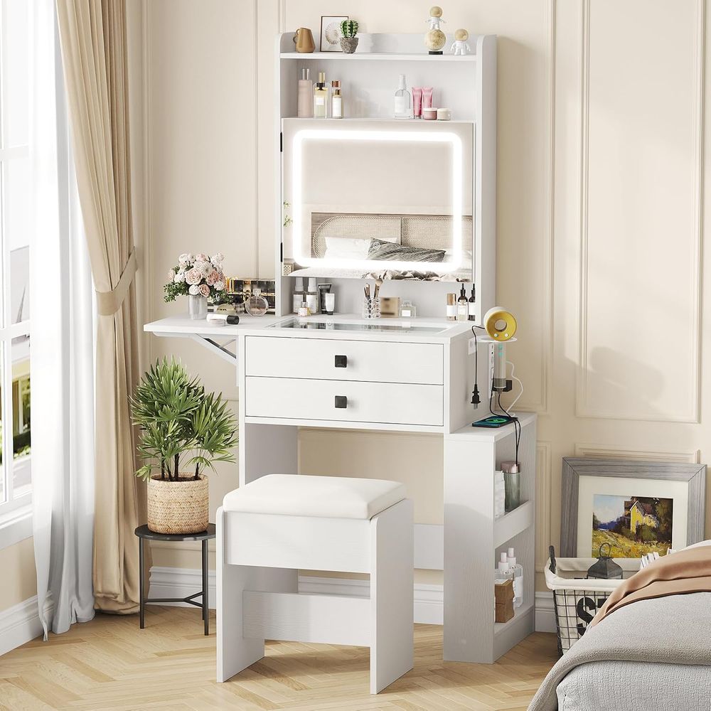 Desk Setup Small - Vabches Kleiner Schminktisch mit Vintage-Panel, Weißes