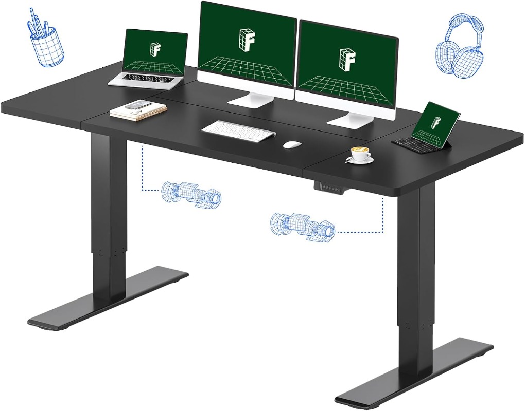 Desk Setup Dual Monitor - FLEXISPOT Elektrischer Stehschreibtisch, Schwarz | Doppelmotor,