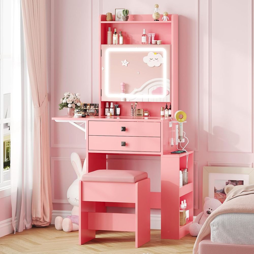 Desk Setup Small - Vabches Kleiner Schminktisch mit Vintage-Panel, Rosa