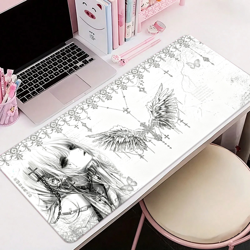 Desk Setup Rug - Leder-Mauspad Schwarz Weiß Anime Ästhetik Engel-Mädchen