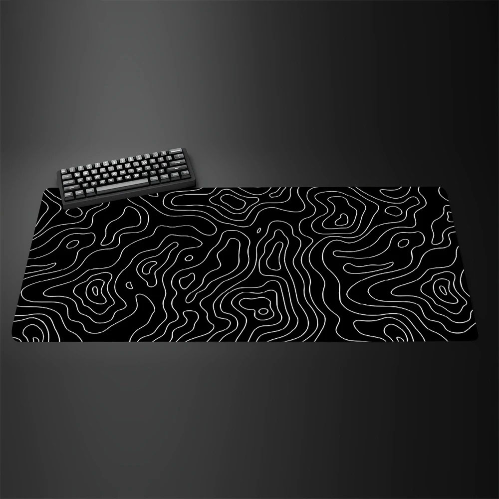 Desk Setup Black And White - Topografische Karte Großes Gaming-Mauspad Schwarz-Weiß Abstrakte